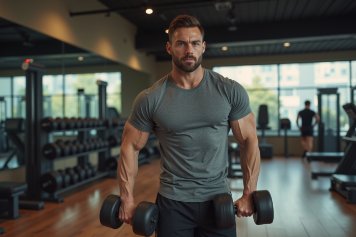 homme-fitness-hammer-curl Homme musclé faisant un curl marteau en salle de sport