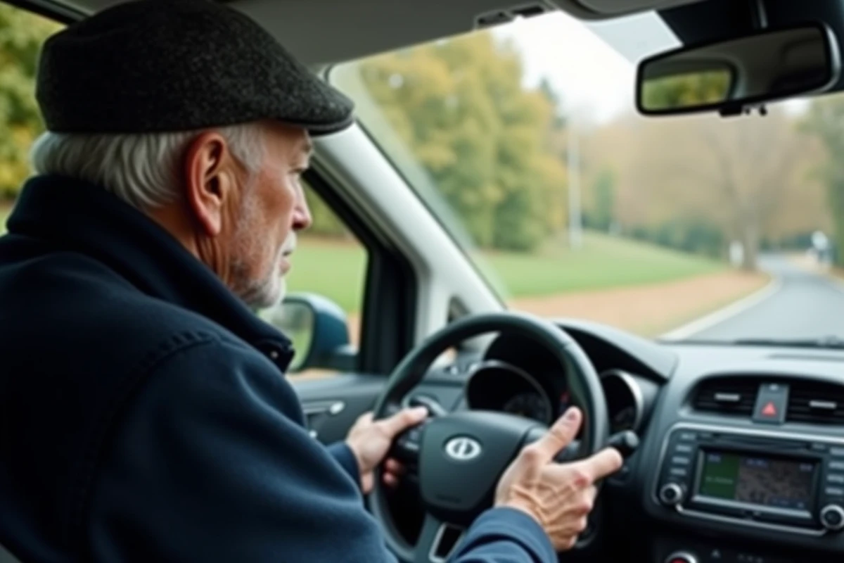 Homme âgé utilisant GPS dans sa voiture sur rue résidentielle