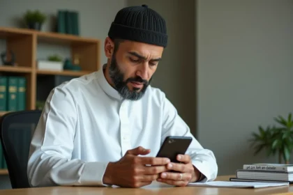 Homme consultant les heures de prière sur Google Calendar depuis son domicile à Annemasse