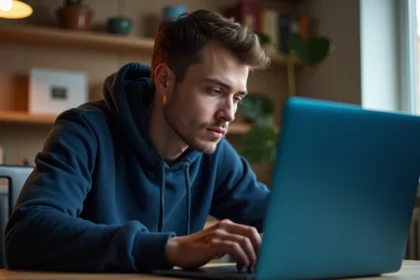 Homme jouant à un jeu de la bombe en ligne sur un ordinateur portable sans publicité intrusive dans un bureau à domicile