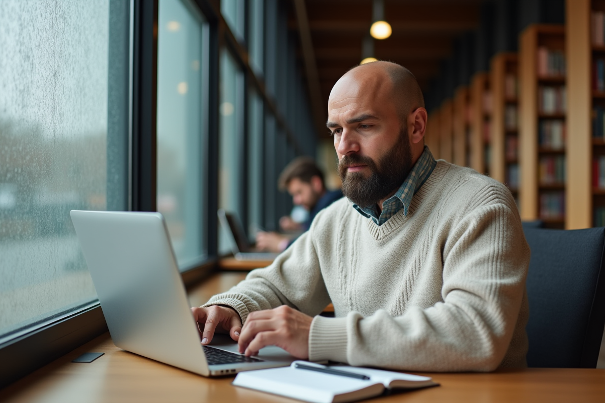 Homme barbu étudiant dans une bibliothèque lumineuse