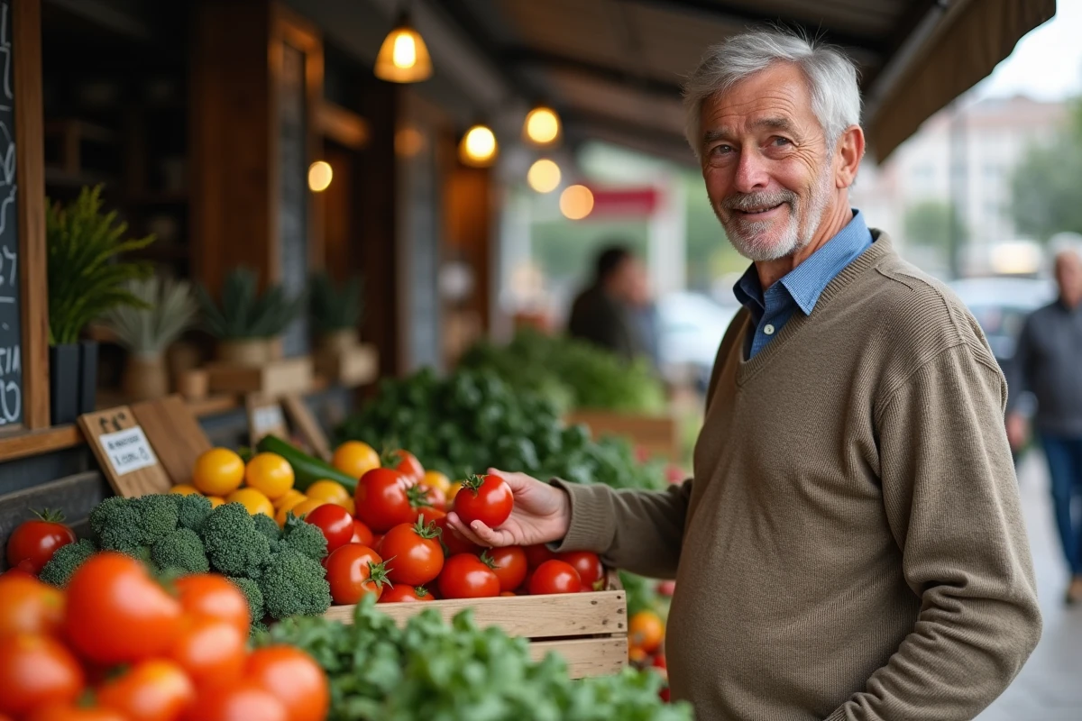Homme examinant une tomate au marché en plein air