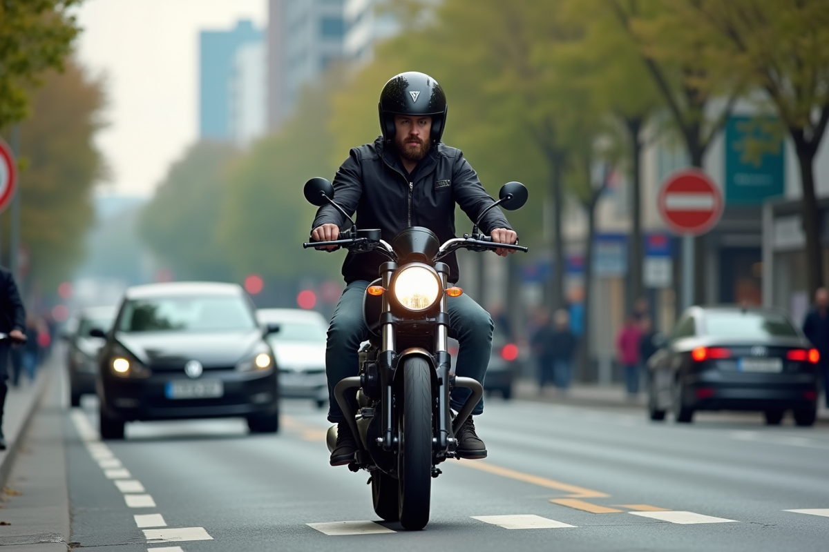 Homme en moto dans la circulation matinale urbaine