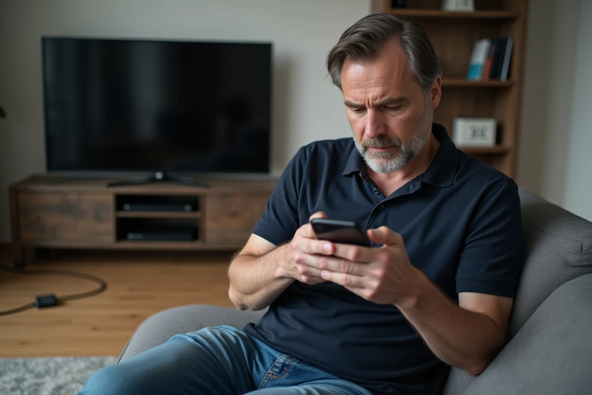 Homme cherchant le numéro de téléphone SAV Darty sur son smartphone pour une panne de télévision le week-end
