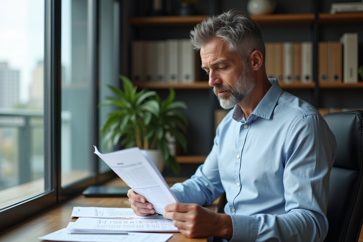 Homme concentré révisant ses documents financiers dans un bureau
