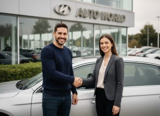 Ces astuces pour acheter une voiture au meilleur prix en 2025 Homme souriant serrant la main d'une vendeuse devant une voiture moderne