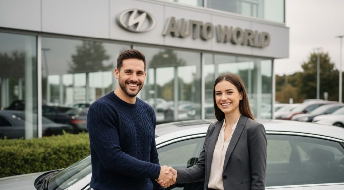 Homme souriant serrant la main d'une vendeuse devant une voiture moderne
