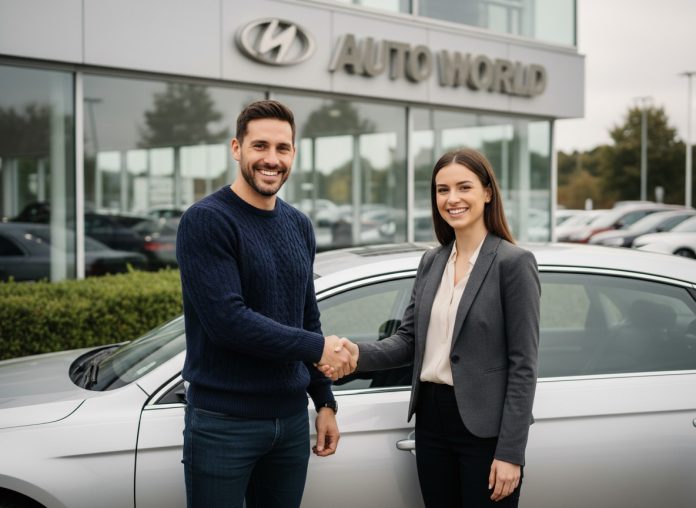 homme-salon-voiture-sedan Homme souriant serrant la main d'une vendeuse devant une voiture moderne