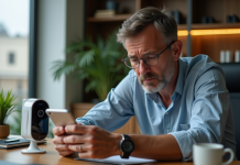 Sécurité caméras sans fil : Risques piratage et solutions possibles Homme d'âge moyen anxieux avec caméra de sécurité intérieure
