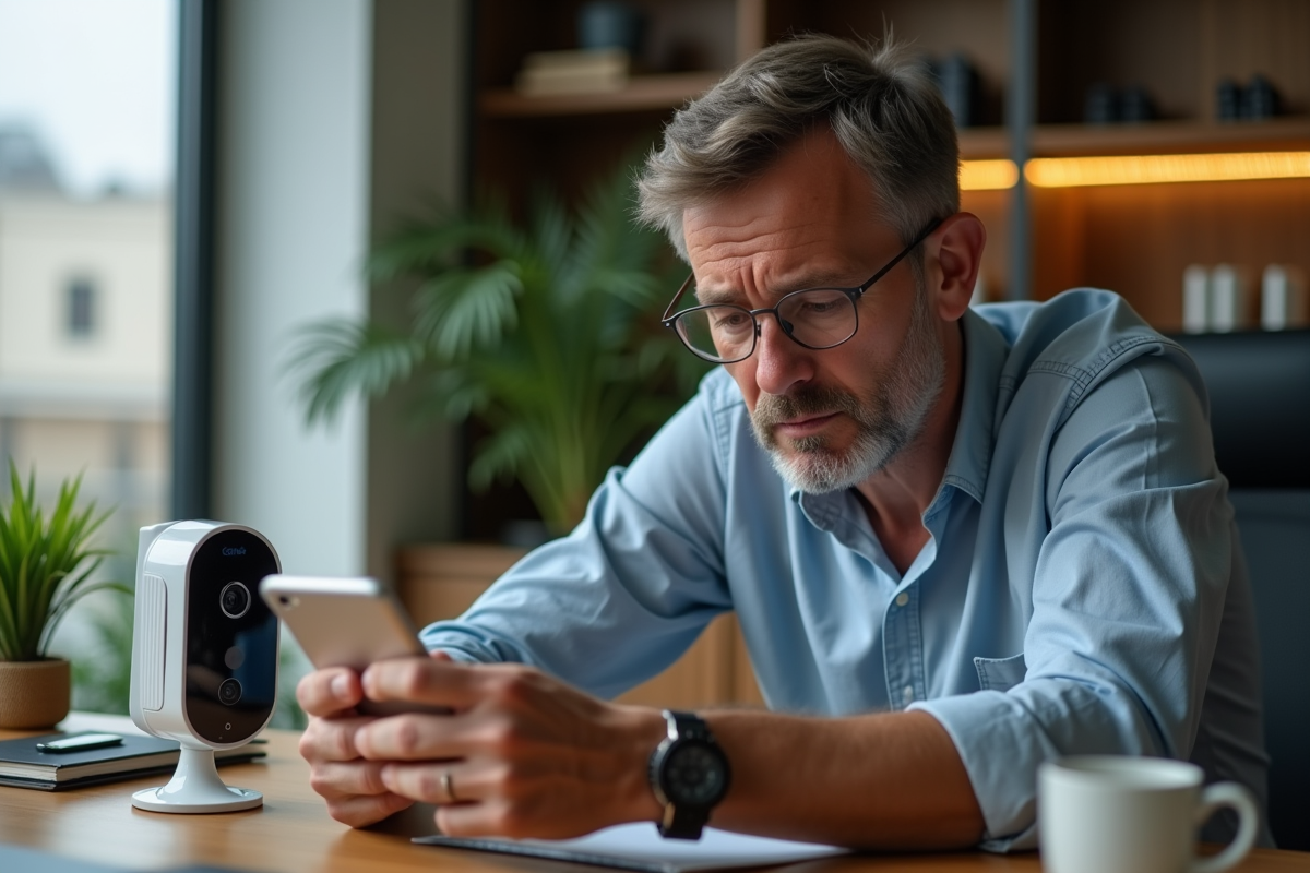 Homme d'âge moyen anxieux avec caméra de sécurité intérieure