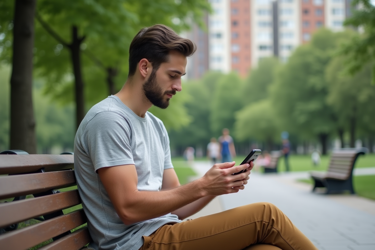 Jeune homme en t-shirt consulte son application bancaire dans un parc