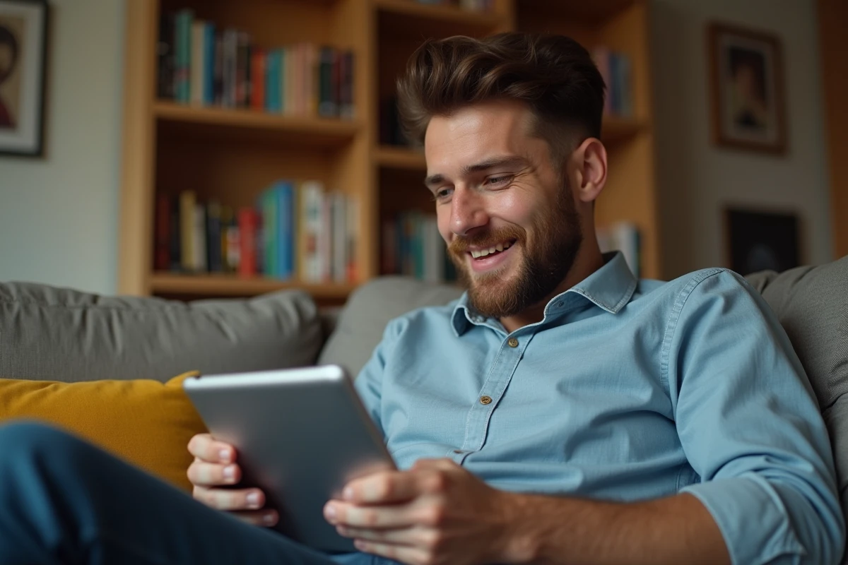 Homme utilisant une tablette dans un salon cosy