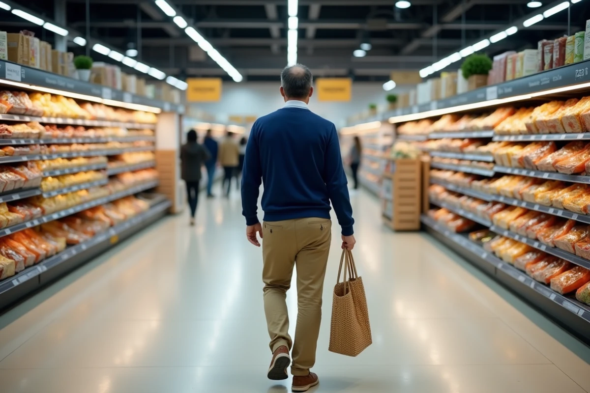 Homme avec sac en supermarché à Montpellier en déplacement calme