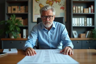 Homme d'âge moyen avec table de conversion quintal tonne