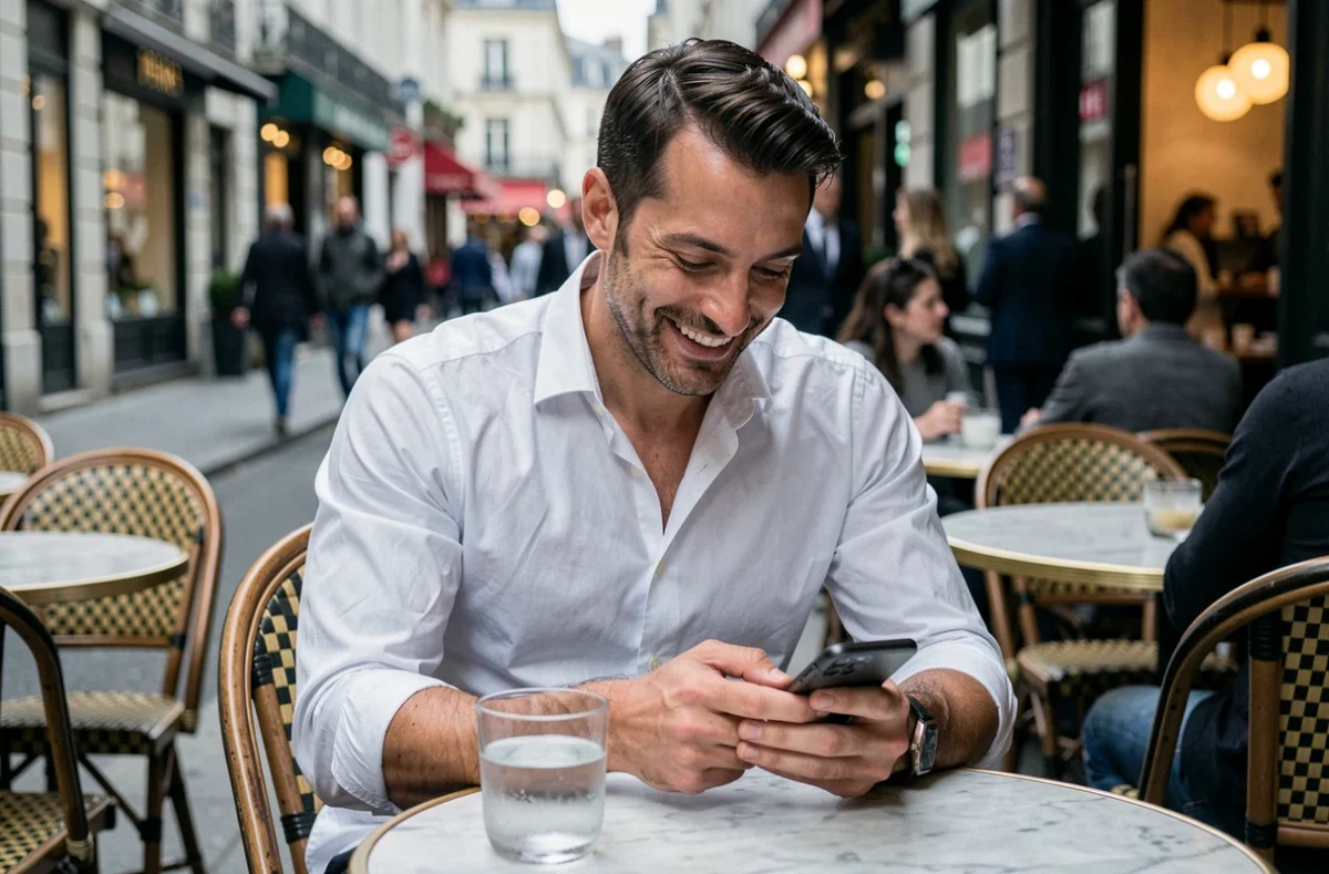 Homme décontracté en terrasse de café parcourant son téléphone après le bureau, ambiance urbaine après le travail