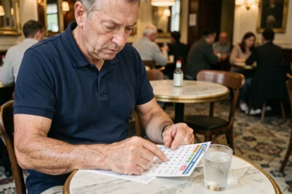 Homme vérifiant son ticket Keno FDJ dans un café français avec résultats en main