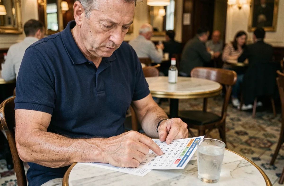 Homme vérifiant son ticket Keno FDJ dans un café français avec résultats en main