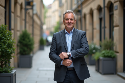 Homme d'âge moyen en blazer dans une rue urbaine