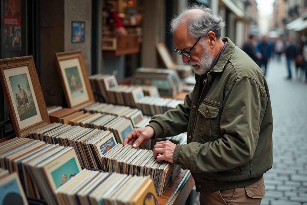 Homme parcourant des disques vinyles vintage lors d'une braderie de week-end en plein air