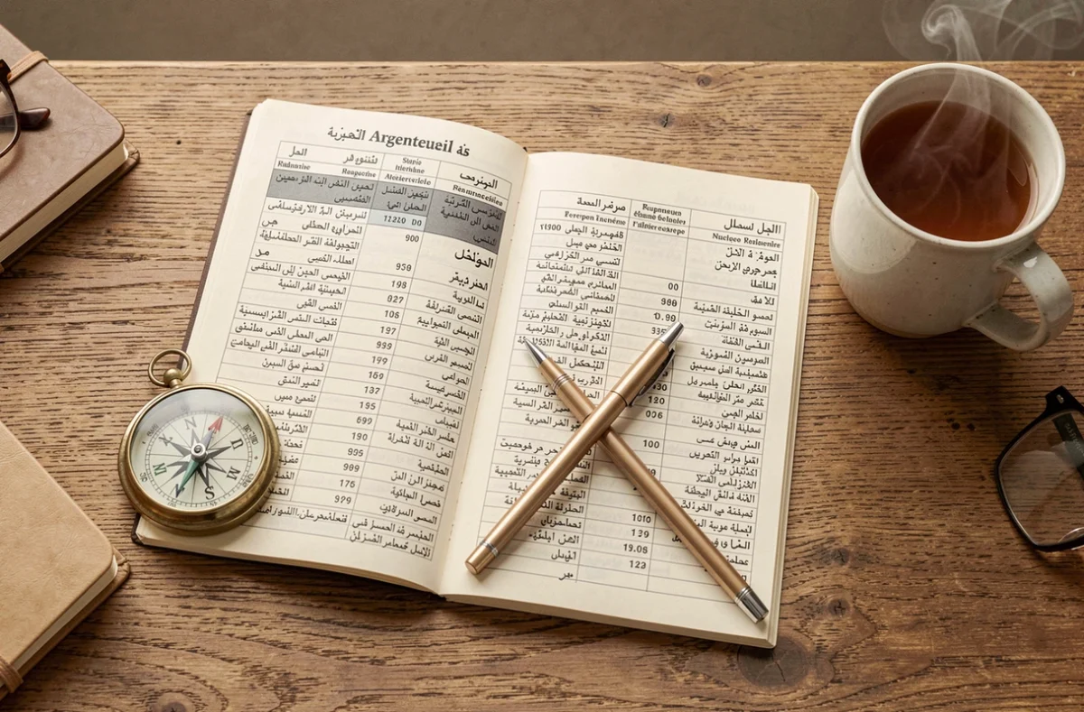 Horaire de prière islamique d'Argenteuil posé sur un bureau avec une boussole et une tasse de thé