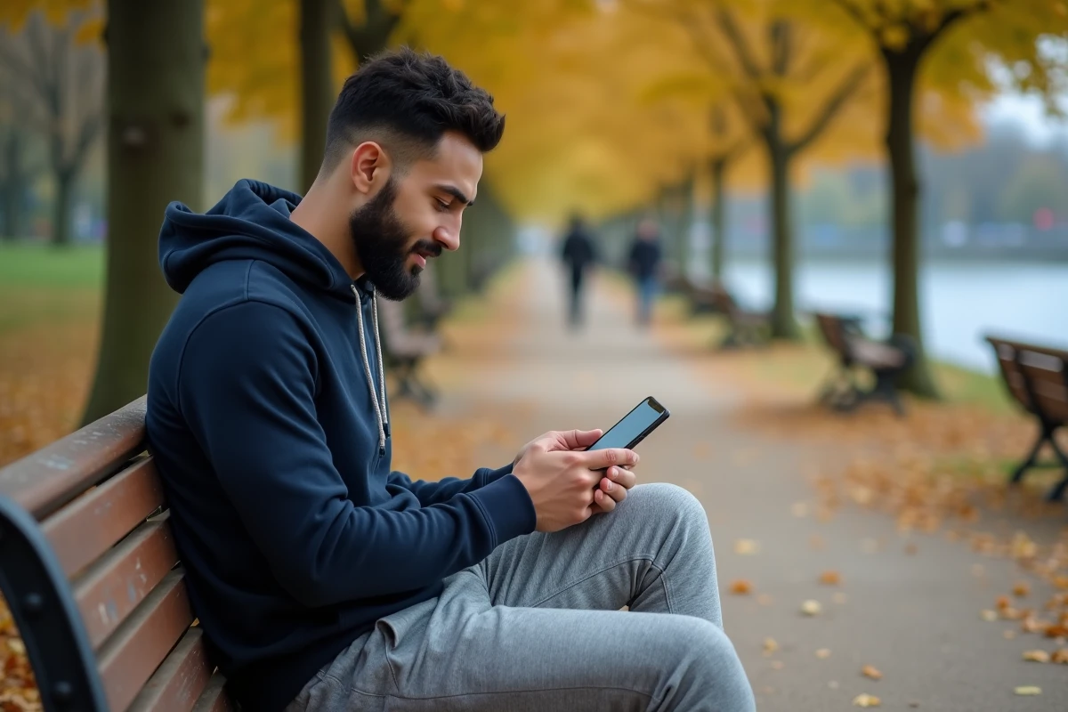 Jeune homme consultant les horaires de prière sur son téléphone dans un parc de Nantes