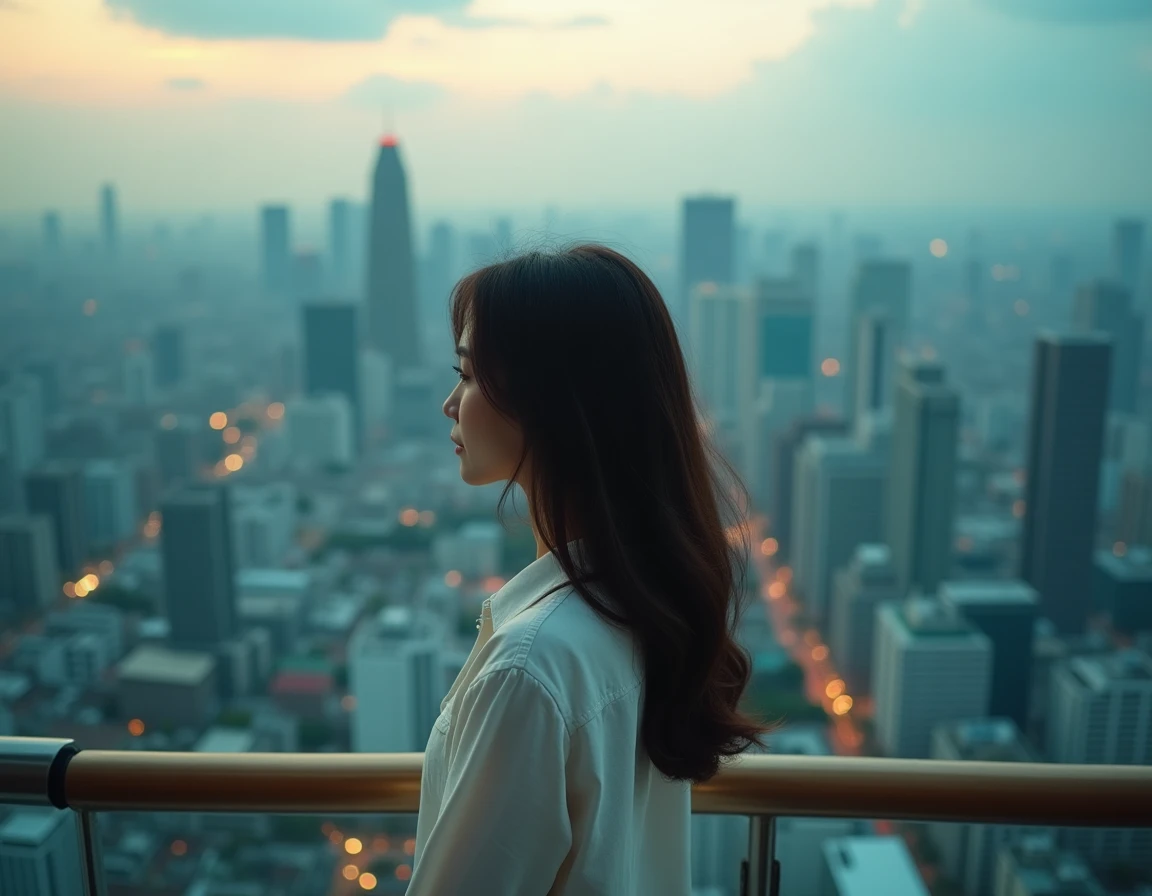 Jeune femme contemplant le vaste horizon urbain de Bangkok depuis un gratte-ciel, symbolisant la mégapole de plusieurs millions d'habitants comparable à Tokyo et Londres