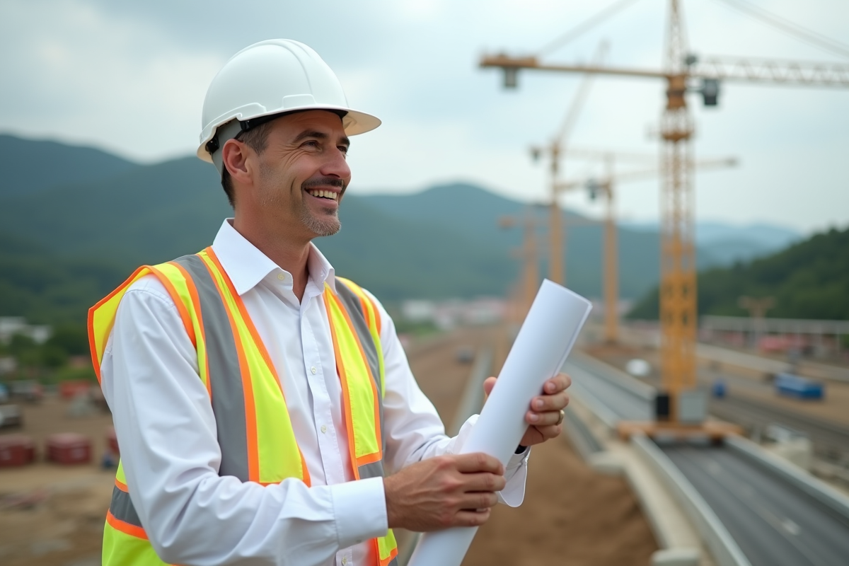 Ingénieur civil surveillant un chantier avec plan sur site
