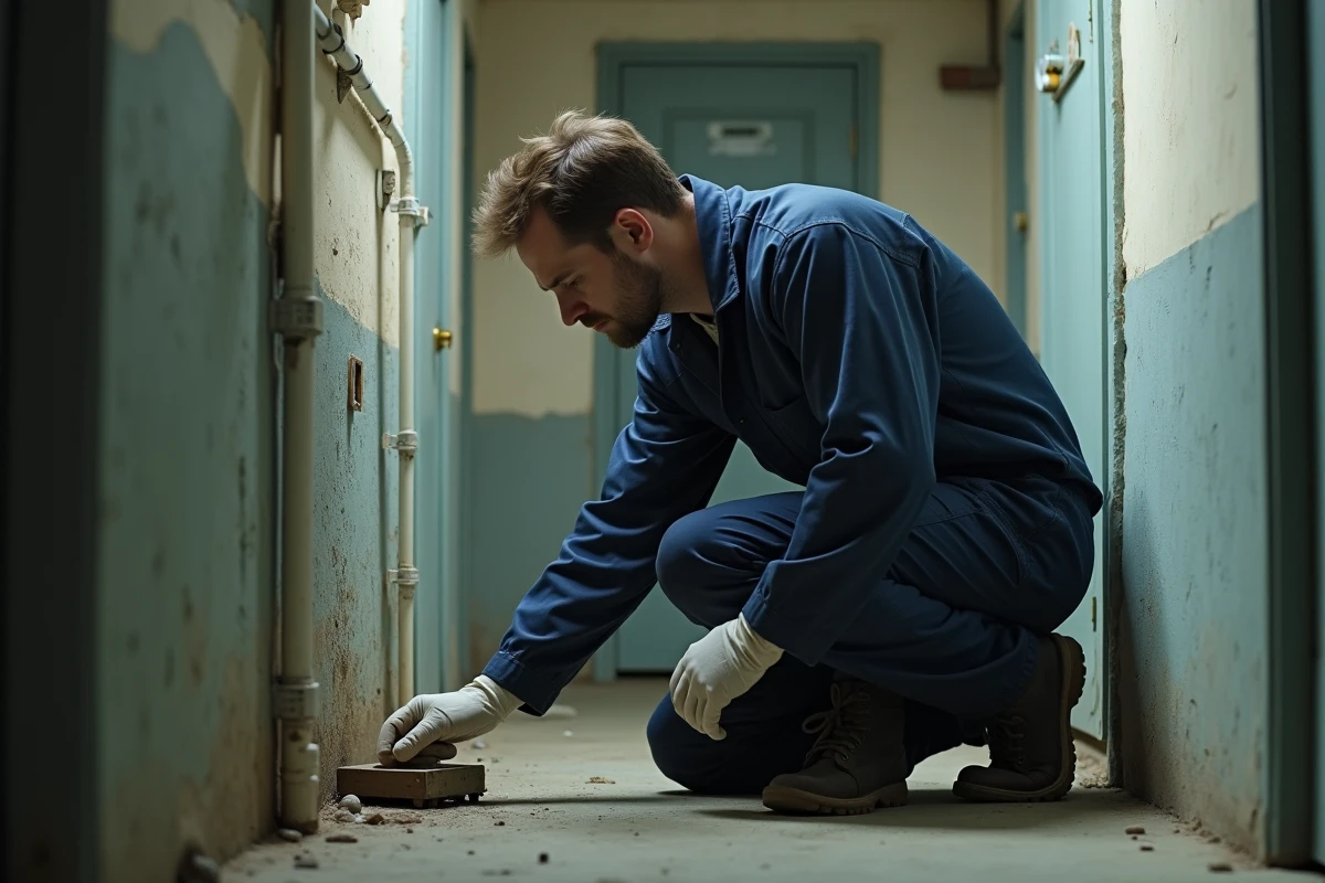 Spécialiste en lutte antiparasitaire inspecte une trappe à rats dans un couloir