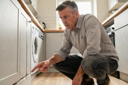 Propriétaire inspectant un vice caché sur un meuble de cuisine fissuré, geste d'alerte sur un défaut structurel