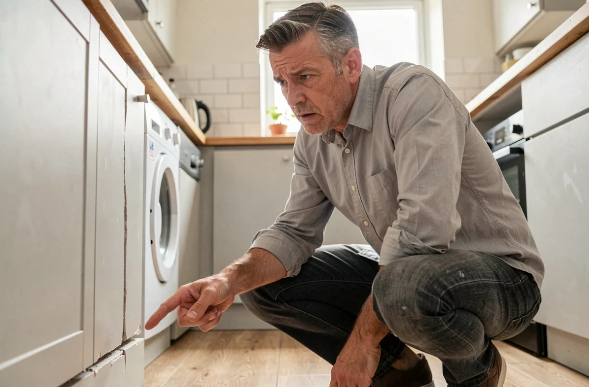 Propriétaire inspectant un vice caché sur un meuble de cuisine fissuré, geste d'alerte sur un défaut structurel