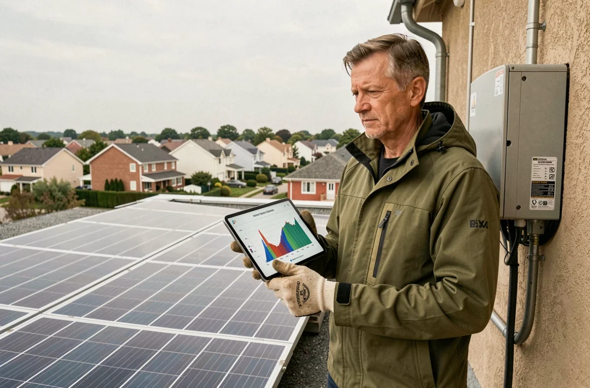 Installateur solaire consultant un calculateur d'autonomie pour batterie lithium sur un toit résidentiel avec panneaux solaires