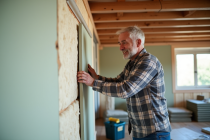 Homme posant des panneaux d'isolation dans un salon