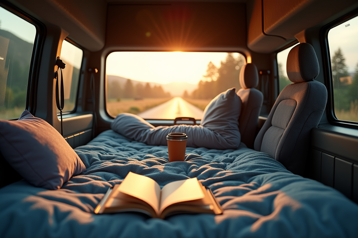 Intérieur du Peugeot Partner Tepee en voyage avec lit et livres