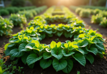 Jardin potager en forme de E vu du dessus au matin