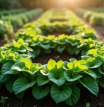 Jardin potager en forme de E vu du dessus au matin