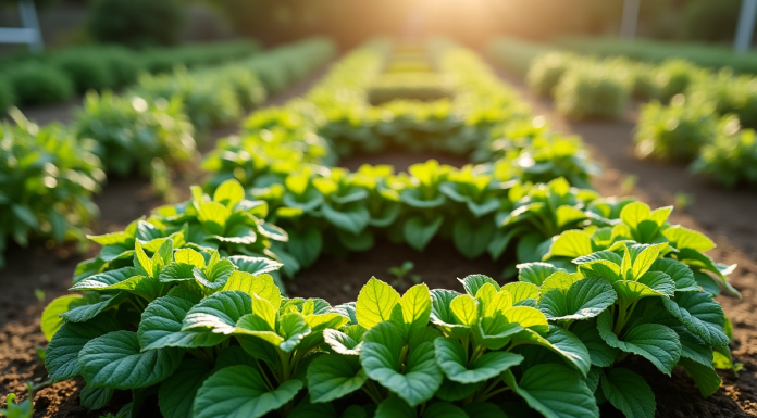 Jardin potager en forme de E vu du dessus au matin