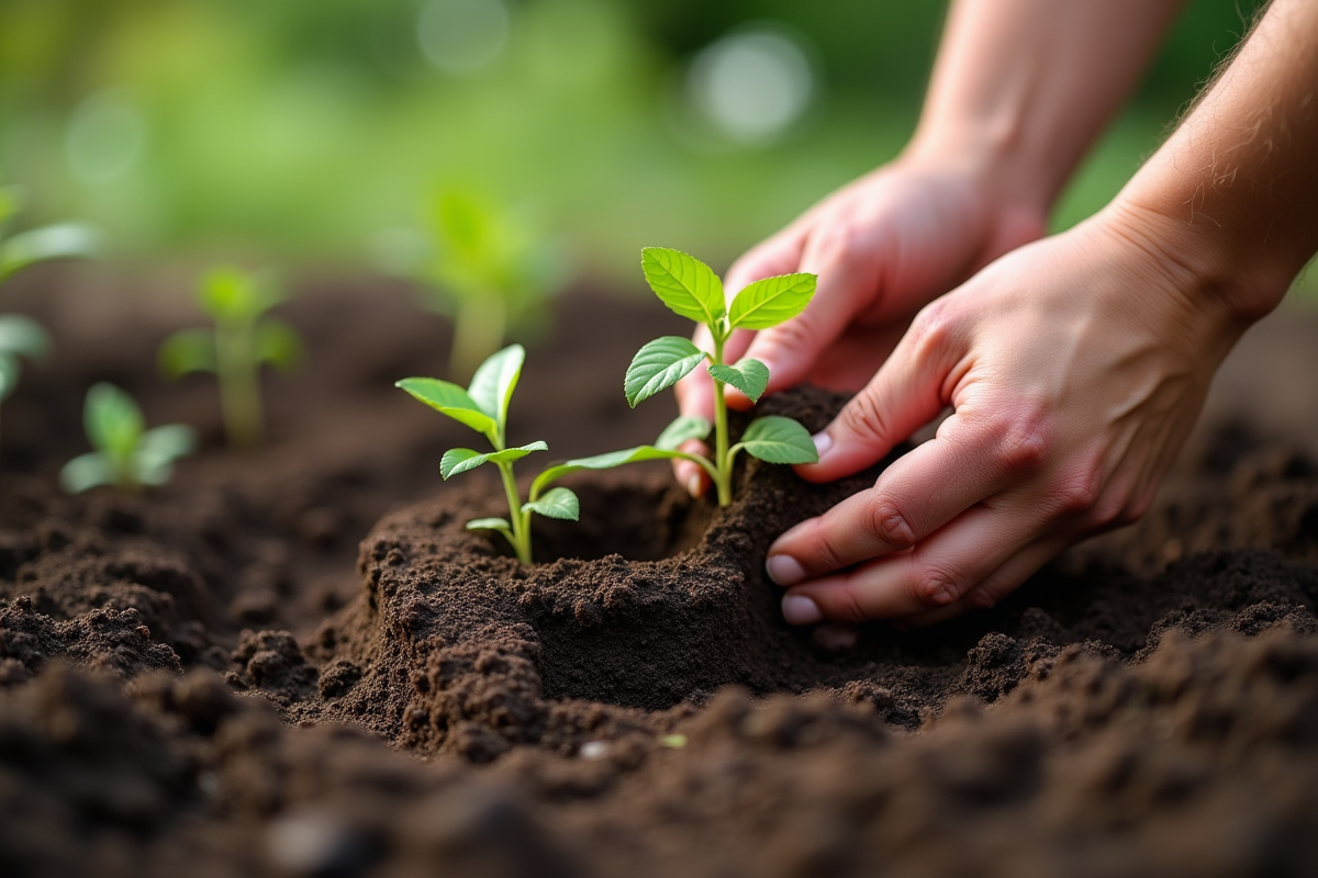 Mains de jardinier plantant des jeunes pousses dans le sol
