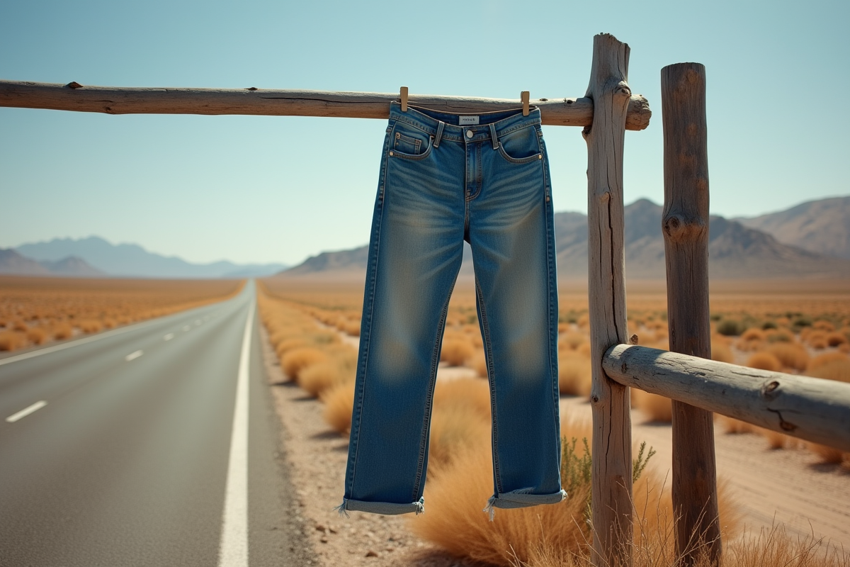 Jeans usés suspendus à une clôture en bois sur une route déserte