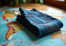 Jeans bleus pliés sur une carte du monde avec tracés de voyage