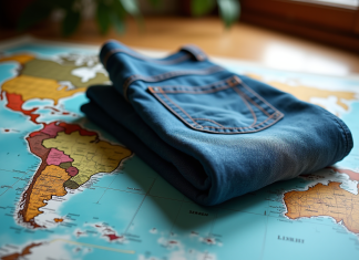 Distance parcourue par un jean : combien de kilomètres ? Jeans bleus pliés sur une carte du monde avec tracés de voyage