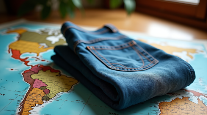 Jeans bleus pliés sur une carte du monde avec tracés de voyage