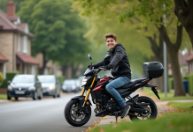 Jeune garçon en moto dans un quartier résidentiel