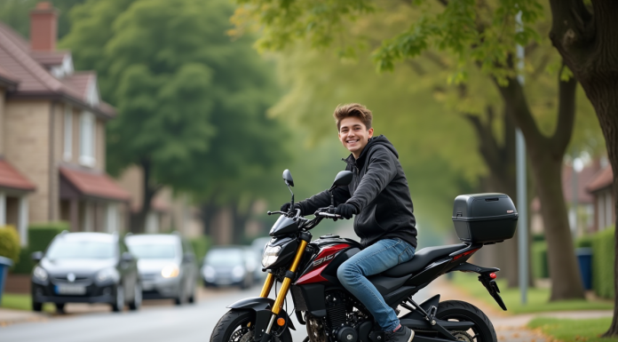 Jeune garçon en moto dans un quartier résidentiel