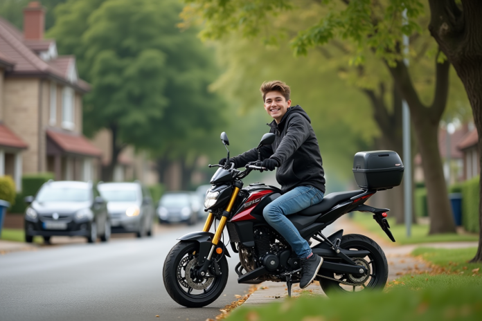 Jeune garçon en moto dans un quartier résidentiel