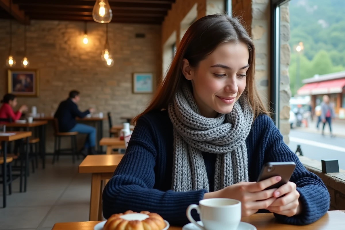 Jeune femme avec smartphone dans une cafeteria chaleureuse