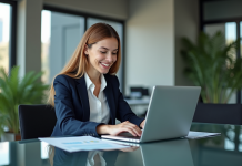 Jeune femme d'affaires souriante devant un écran de finance