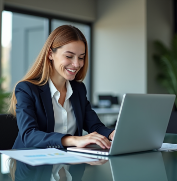 Fintech : tu sauras pourquoi j’apprécie ce secteur ! Jeune femme d'affaires souriante devant un écran de finance