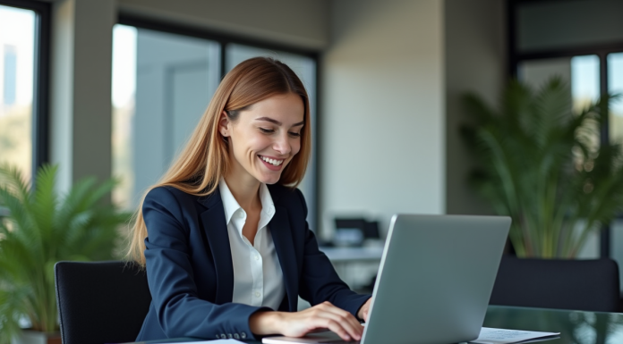Jeune femme d'affaires souriante devant un écran de finance