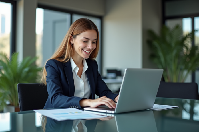 Jeune femme d'affaires souriante devant un écran de finance