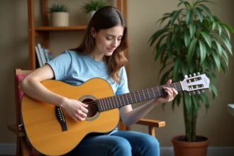 Jeune femme assise avec guitare et accord B7